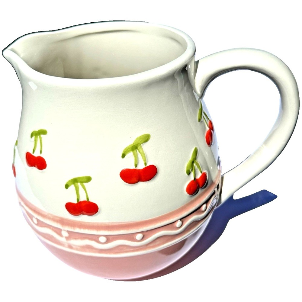 Cherry Ceramic Pitcher Pink White Milk Jug Cottagecore Coquette Kitchen Decor